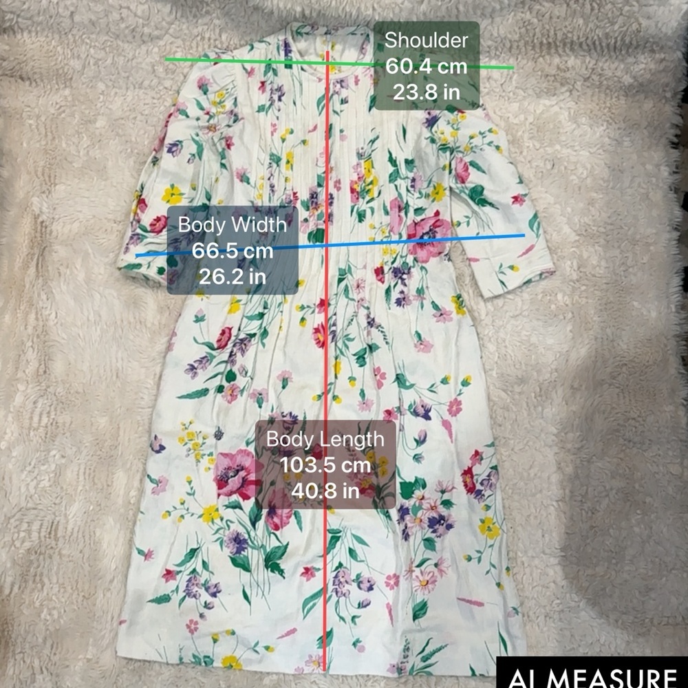 White Floral Vintage Long Sleeve Dress with Pink & Yellow Blooms - Picture 2 of 6